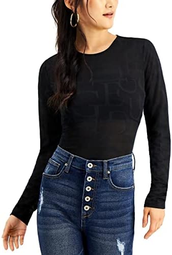 GUESS Women's Long Sleeve Nina Logo Stretch Bodysuit, Jet Black, Small