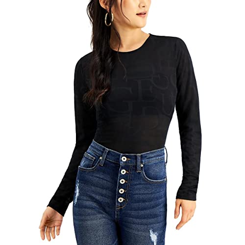 Guess Women's Long Sleeve Nina Logo Stretch Bodysuit, Jet Black, Small #TOP3