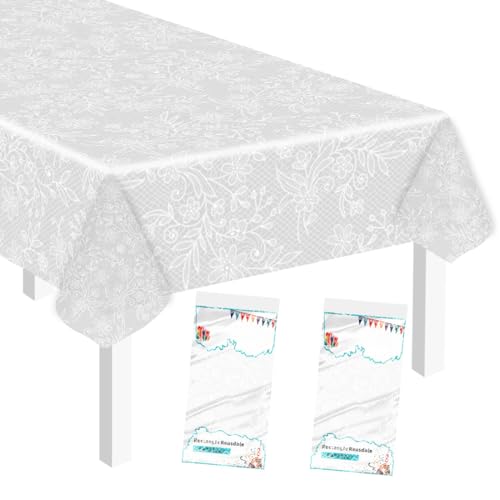 Image of SietDESEO 2 Pack Plastic Lace Tablecloth 54 X 108 Waterproof Disposable Lace Table Cover for Wedding Party Birthday Camping Bridal Shower Tablecloth Plastic