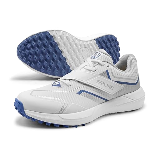 SOLM8 S4 Cricket Shoes for Men & Women - FlexSkin Seamless Upper, Diagonal Strap, Wider Toe Box with Advanced Cushioning for Turf & Field Sports Silver Blue