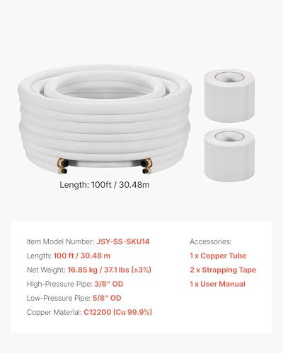 Image of VEVOR 100ft Mini Split Line Set, 3 /8 inch & 5 /8 inch OD AC Copper Tubing Pipe, 3 /8 White PE Thickened Insulated Coil with Flared Nuts, Strapping Tapes, for Mini Split Air Conditioner HVAC or Heat Pump System