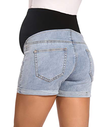 Foucome Maternity Jean Shorts Over The Belly Roll Hem Denim Shorts Summer Pregnancy Shorts(Blue, M) #TOP1