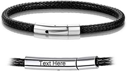 ChainsHouse Personalized Mens Leather Wrist Cuff Bracelets with Custom Beads, Waterproof Wax Rope Braided Cord Bracelet Engraved with Names for Men Women, 7-8.7 inch Length, Send Gift Box