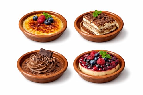 Mini Cazuela Rústica de Barro Terracota, Redonda, 10cm, Apta para Microondas y Lavavajillas, 4 Unidades Ideal para postre y respostería (cazuelas pequeñas)