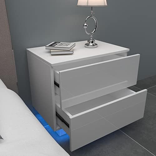 Dripex Bedside Table with 2 Drawers Cream High Gloss Front Drawer Side Table with RGB Strip Light Bedside Cabinet for Bedroom Living Room 55x37x50cm (White&Cream)