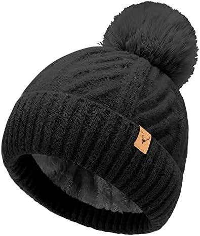 NEOLA Beanie Hat for Ladies Winter Bobble Hat Double Layer Fleece Line Knitted Hat with Detachable Faux Fur Pom Pom Hat for Unisex Outdoor Sports Ski