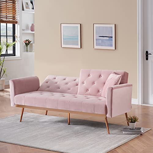 Eafurn Convertible Futon Sofa Bed,Velvet Adjustable Sleeper Couch, Reversible Loveseat Folding Daybed With Gold Metal Legs, Splitback Small Couches & Sofa For Living Room, 68.3", Pink W/Tufted #TOP2
