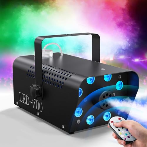 Máquinas de fumo, 700 W com 8 efeitos de luz LED, 8 cores RGB controlo remoto sem fios mini máquina de névoa para casamentos, festas, Halloween, Natal, discoteca, clube