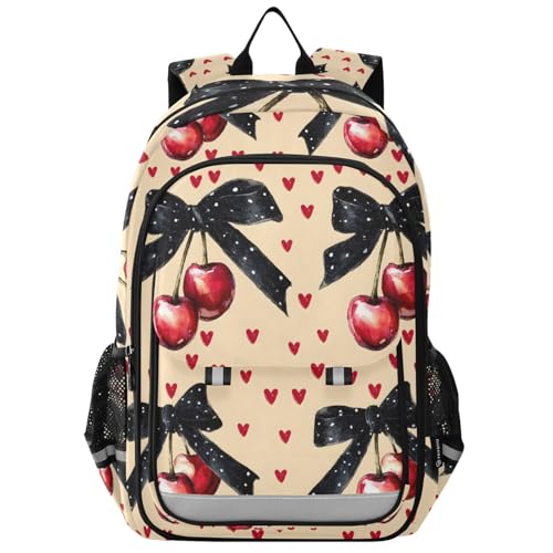 Bow Cherry Red Cherries Tied Black Laptop Backpack Purse for Women Men School Bag 17 Inch Bookbag Student Boys Girls Travel Casual Daypack