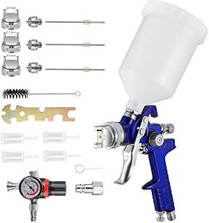 KKTECT HVLP High Atomization Spray Gun Gravity Feed Air Spray Gun Color Spray Gun Car Furniture Small Repair Spray Gun Mini Manual Spray Set with Air Pressure Regulator 600 cc Paint Tank and 3 Nozzles