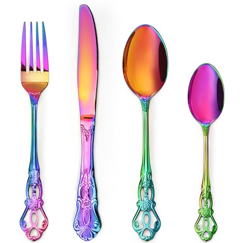 Rainbow Cutlery Set, 16 Piece Cutlery Set for 4 Retro Royal Knife and Fork Sets Vintage Stainless Steel Spoon Cutlery for Home Banquet Catering, Mirror Polished and Dishwasher Safe
