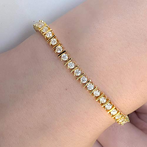 Abbie+Cleo Round Shape Created White Moissanite Gemstone Linear Design Tennis Bracelet In Yellow Gold Flash Plated Sterling Silver, 7.25" #TOP4