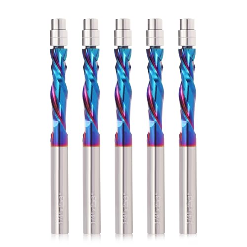 Image of 5PCS Spiral Flush Trim Router Bit, 6.35mm Shank 28.6 mm Cutting Length Extra Long 75mm OVL,2 Flutes Up Down Compression Bit with Nano Coating for Wood Trimming