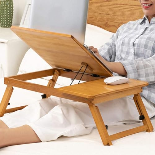 Image of Wooden Laptop Table Standard Adjustable Study Table with Laptop, Portable Lap Desk, Multifunctional Bed Table with Drawer and Folding Legs (Natural New)