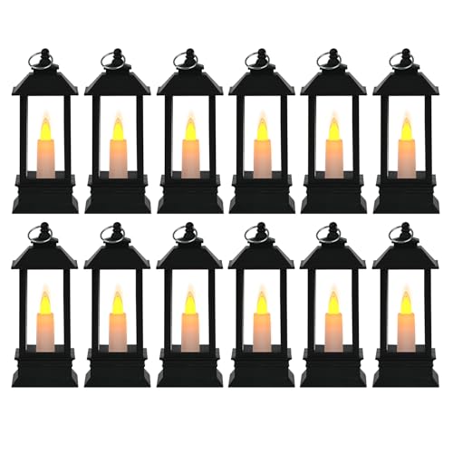 Juzicken Faroles de vela negros decorativos para interiores y exteriores, mini vintage, pequeños, colgantes, LED, rústico, dorado, para chimenea, decoración de Navidad, centros de mesa para decoración