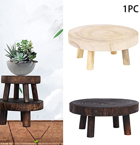 Tabouret bas rond en bois marron et repose-pieds stable - 7