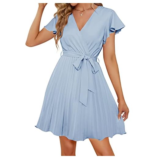 ZESICA Women's Wrap V Neck Mini Dress 2023 Summer Flutter Sleeve Tie Waist Pleated A Line Swing Wedding Party Short Dresses,SkyBlue,Small