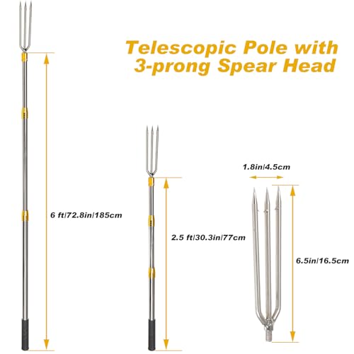 Cyfie Telescopic Fishing Gaff Flounder Gig, Stainless Steel Fishing Hunting Harpoon Pole with Spear Hook Barbed, Heavy Duty Frog Flounder Gig for Ice Fishing Saltwater Sea (4.8ft Long with 3-Prong)