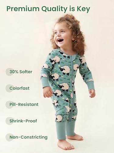 Image of Unisex Baby Bamboo Viscose Long Sleeve Romper, Cute Prints Zipper Footless Jumpsuit, Toddler One-Piece Outfits