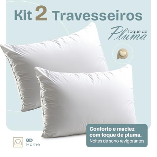 Kit 2 Travesseiros Toque de Pluma Percal 180 Fios – 50x70 cm | Lavável, Antiácaro, Antialérgico, Sup