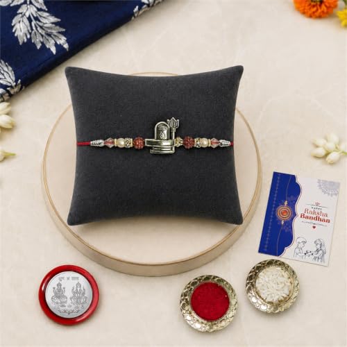 Image of Oblivion Rakhi For Brother Set of 1 - Elegant Mahadev Ji With Beads Thread Designer Rakhi with Tilak Set, Silver Colour Coin and Greeting Card - Traditional Raksha Bandhan Combo for Bhai (Pack of 4)