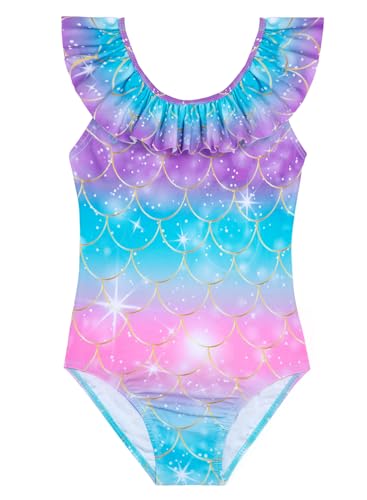 Image of XiaoMoSha Girls Swimsuits Ruffled Round Neck One Piece Bathing Suits Quick Dry UPF 50+ Summer Hawaii Swimwear for Kids 3-10T
