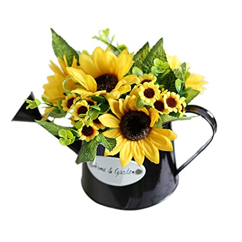 ZHDOKA Artificial Flower Daisy Pot Potted, Plants Sunflower Black Kettle Pot, Silk Artificial Flower Daisy Metal Pot Bonsai, Fake Bonsai Plants Bouquet with Vase for Garden Wedding Centerpieces Decor