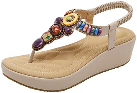DQQ Women's Beige Beaded Wedge Thong Sandal 7 US