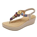 DQQ Women's Beige Beaded Wedge Thong Sandal 7 US