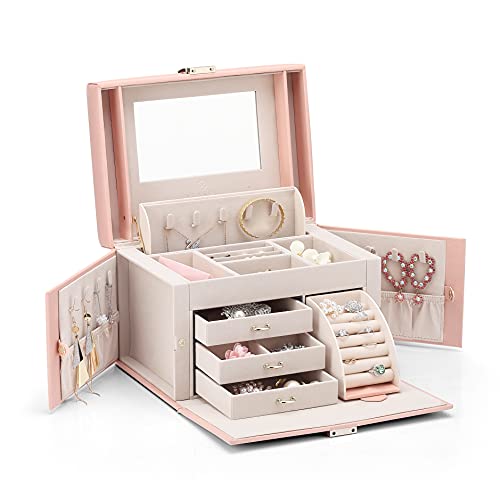 Vlando Jewelry Box Organizer for Girls Women, Large Baroque Jewelry Storage Box with Mirror, Drawers for Bracelets, Earrings, Rings, Necklaces, Mothers Day Gifts for Loved One, Pink