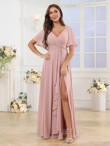 VGZ Women's V Neck Bridesmaid Dresses with Sleeves Pocket Chiffon Long A Line Formal Evening Gown4