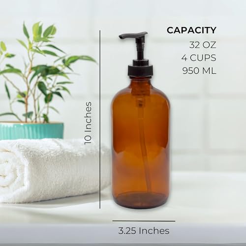 image for Cornucopia Brands 32-Ounce Amber Glass Lotion Pump Bottles (2-Pack); Q