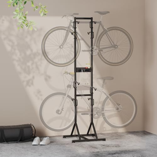 Mimoke Fahrradständer für 4 Fahrräder – freistehend & bohrfrei, höhenverstellbar für verschiedene Radgrößen – stabiler vertikaler Fahrradträger für Garage, Keller & Wohnung mit Zubehörhaken