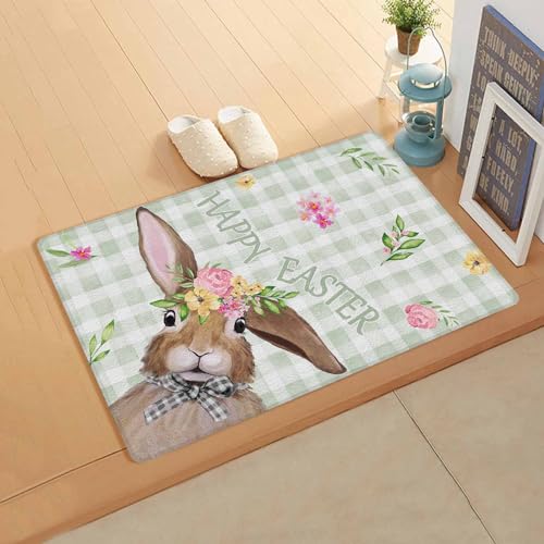 Easter Rabbit Kitchen Bath Door Mat Cushioned Runner Rug,Washable Welcome Floor Sink Antifatigue Mat,Waterproof & Non-Slip Comfort Standing Doormat,Farmhouse Green White Buffalo Check Floral 24