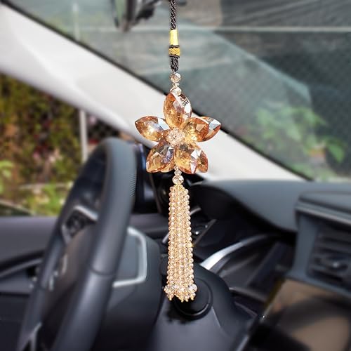 Image of AuMoHall Crystal Flower Rear View Mirror Pendant Car Hanging Ornament Lucky Charm with Dangle Beads, Champagne