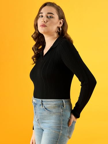 Image of 98 Degree Women Pure Cotton Collar Neck Sweater Has A Full Sleeve & Straight Hem-AW25AZG1154-BLACK