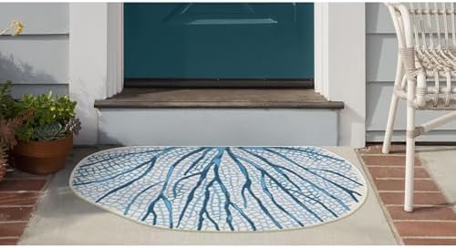 Liora Manne ESENCIA Indoor/Outdoor Power Loomed Latex Back Non Slip Mat - Transitional Coastal Ocean Colorful (Coral Fan Navy) (3'3" x 2'1" 1/2 Round)