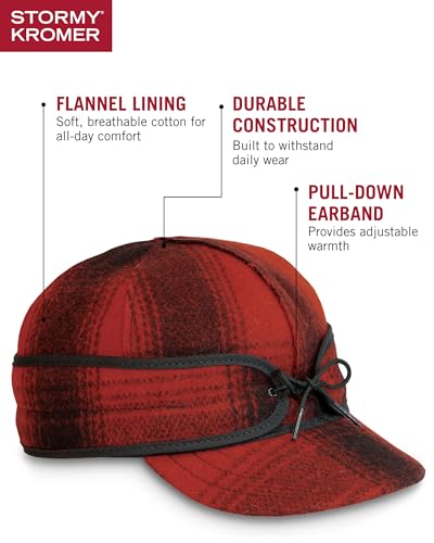 Stormy Kromer The Original Cap, Wool Blend Hat, Winter Warm Outdoor Cap for Men, Women, with Cotton Flannel Lining, Earflaps, Classic Cold Weather Gift, Red/Black Plaid, 7 1/4 - Thumbnail 4