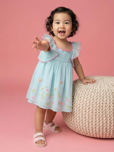 Image of Nautinati Baby Girls Trendy Fit & Flare Frock with Styled Sleeves | Age 0-3 Years