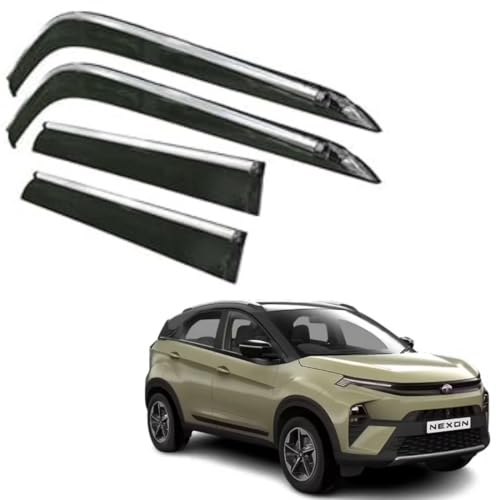 Image of CAR SAAZ Side Door Visors for Nexon (2023-Present)(Set of 4Pcs)|Chrome Lined Rain Guards, Polycarbonate, Smoke Finish