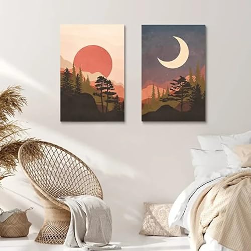 Toile bohème paysage abstrait avec cadre moderne, duo de décorations murales 40x60 cm de salon