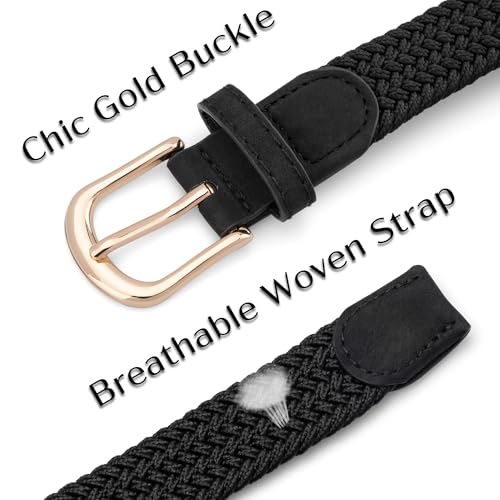 2 Pack Braided Elastic Belts for Women with Gold Buckle, Adjustable Stretch Belt for Jeans Pants Golf4