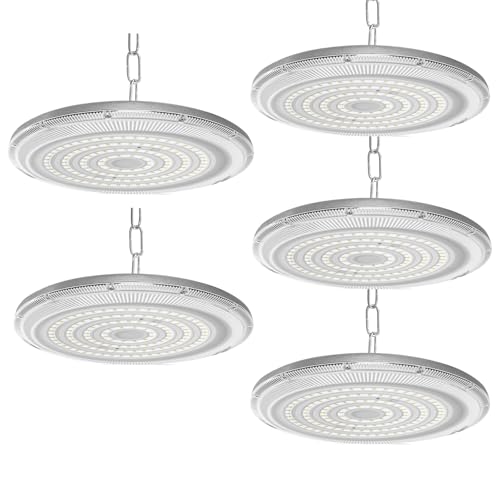JBdusn 100W Naves Industriales LED 5pcs, 6500K UFO Lámpara de Alta Bahía con cadena, IP65 resistente Foco de Techo Industrial, Iluminación Comercial para fábricas, garajes y almacenes