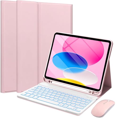 English 7 Colors Backlight Detachable Keyboard Case with Mouse for iPad 11th 11 A16 2025 & iPad 10th 10.9 2022 Magnetic Keyboard Case with Stylus Slot & 3 Adjustable Angles Pink