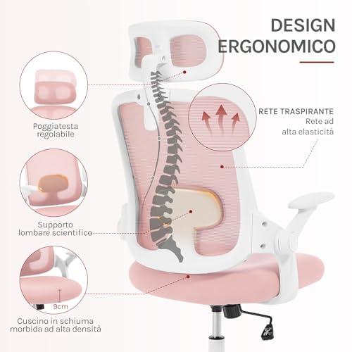 Sedia Ufficio Ergonomica con Poggiatesta e Braccioli Regolabili, Supporto Lombare, Poltrona Scrivania Girevole in Rete Traspirante Funzione Dondolo, Rosa - Sedia gaming - Immagine 5