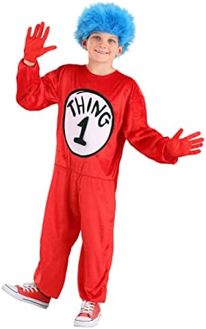Dr. Seuss Thing 1 & Thing 2 Costume for Kids with Jumpsuit, Wig & Two Stick On Numbers - Officially Licensed