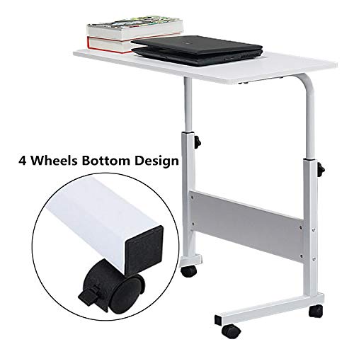 Outvita Mobile Side Table Height Adjustable Computer Standing Desk With Baffle & Lockable Casters, Portable Movable Workstation Bedside Sofa Desk For Office, Living Room, Bedroom- White #TOP2