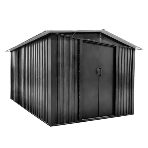 Image of Garden Shed, Sheds and Outdoor Storage with Base 4 Vents Lockable Sliding Doors Sloped Apex Roof Metal Shed (Grey, 8x10ft)