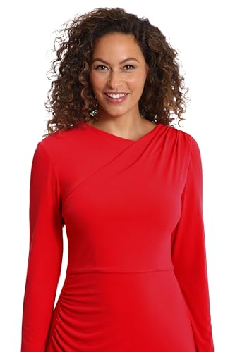 Image of London Times Women's Dresses Draped Neckline Slimming Midi Length Jersey Sheath Dress with