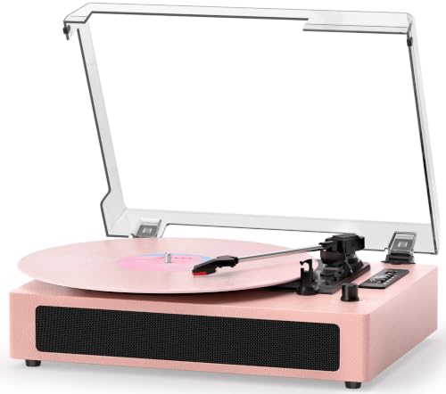 Image of Vinyl Record Player 3 Speeds with Speakers, Bluetooth, USB Recording,Pink | Built-in stereo speakers, Digital display,USB /TF recording and playback, Shortcuts, auto stop, RCA output, AUX input, EQ